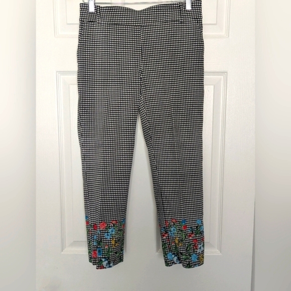Jules & Leopold Black and White Checkered Ankle Pants with Floral Embroidery - Picture 1 of 5
